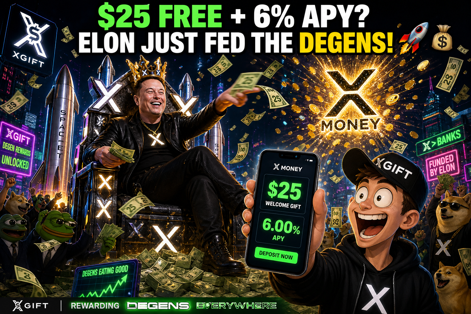 Elon troll king throne meme — $25 FREE + 6% APY